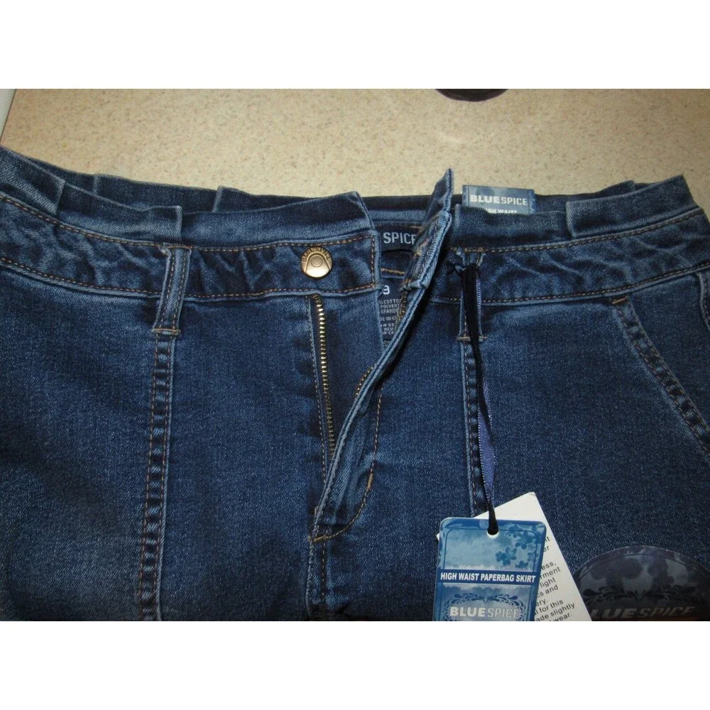 Juniors 9 Denim Mini Skirt Paper Bag High Waist Straight Blue Spice NWT Belted